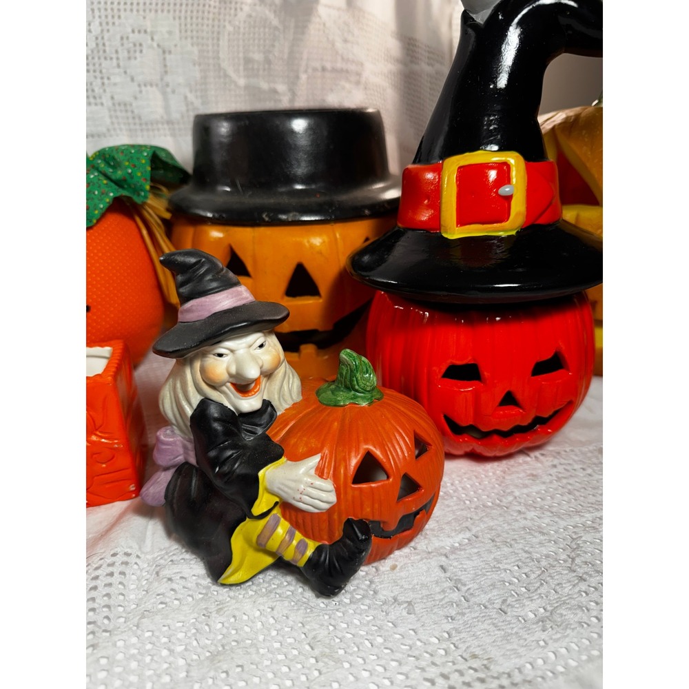 Vintage Halloween Decor Bundle Jack-O-Lantern Blow Mold Ceramic Witch Scarecrow - Picture 5 of 7